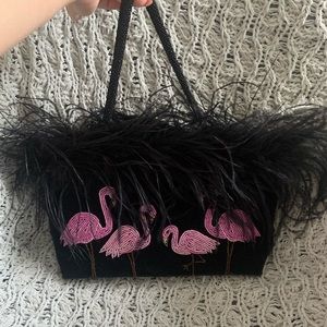 Beaded Flamingo Handbag with Feather Trim